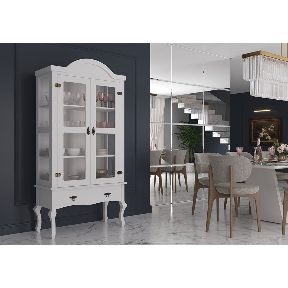 Cristaleira Luis Quinze Alta Madeira Maciça e MDF na cor Branca